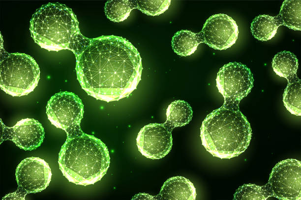 Hydrogen molecules on green background. Sustainable, alternative energy sources concept. Hydrogen molecules on green background. Sustainable, alternative energy sources concept. Futuristic glowing low polygonal style. Modern abstract connection design vector illustration. hydrogen stock illustrations