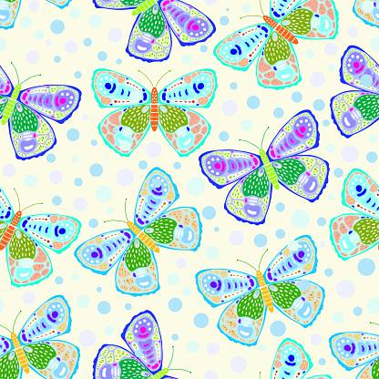 Hand Drawn Pastel Colored Butterfly Seamless Pattern. Design Element, Clip art, Template for  Greeting and Invitation Cards.