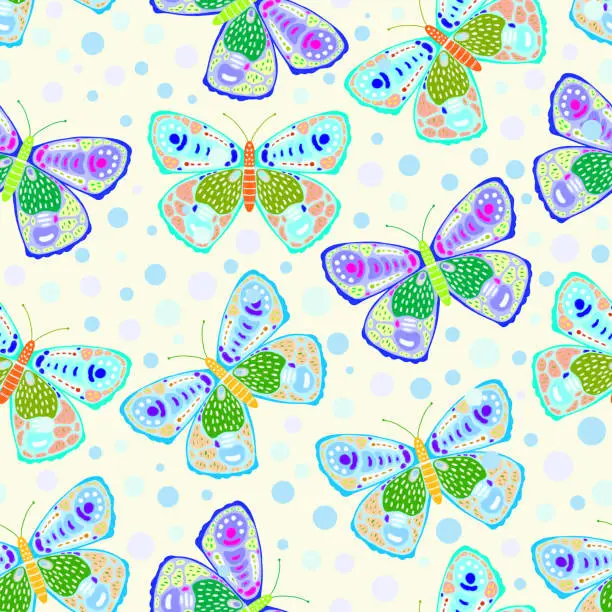 Vector illustration of Hand Drawn Pastel Colored Butterfly Seamless Pattern. Design Element, Clip art, Template for  Greeting and Invitation Cards.