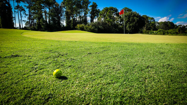 bola de golfe amarela no áspero alinhado ao buraco de golfe com bandeira vermelha - golf ball spring cloud sun - fotografias e filmes do acervo