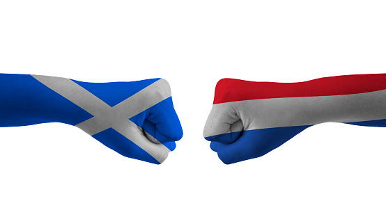 Scotland VS Netherlands hand flag Man hands patterned with the Scotland VS Netherlands flag