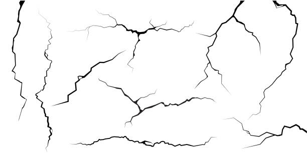 ilustrações de stock, clip art, desenhos animados e ícones de surface cracks and fissures in ground, concrete, crevices from disaster top view. breaks on land surface from earthquake isolated on white background. broken ground, wall, glass pattern effect. damage - rachado