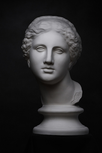 A plaster cast bust of Wolfgang Amadeus Mozart.  This is a non-trademarked generic casting of the famous composer.