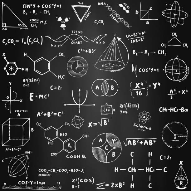illustrations, cliparts, dessins animés et icônes de recherche en équations mathématiques, chimie et physique quantique - formula blackboard complexity scientist