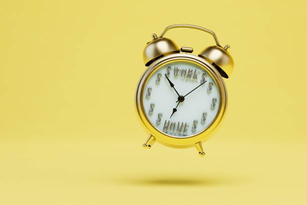 istock time for work and leisure. alarm clock with inscriptions work and home on a yellow background. 3D render 1434766219