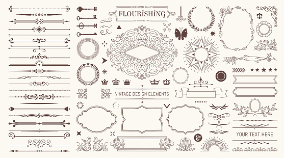 Huge set or collection of vector filigree flourishes for design