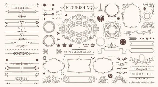 Vector illustration of Huge set or collection of vector filigree flourishes for design