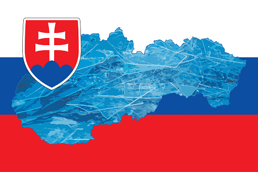 Outline map of Slovakia with the image of the national flag. Ice inside the map. Energy crisis.