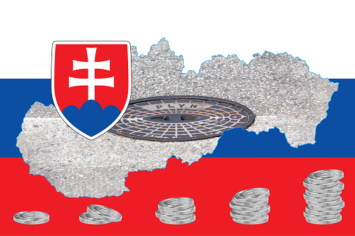 Outline map of Slovakia with the image of the national flag. Manhole cover of the gas pipeline system inside the map. Collage. Energy crisis.