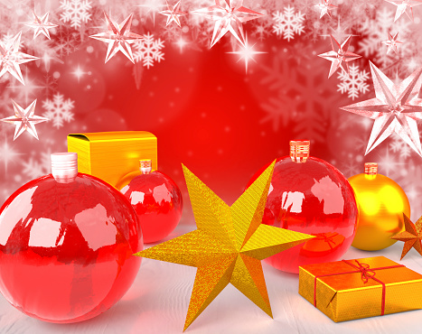 Christmas card with copy space 3d illustration with gift box, stars and baubles Christmas background