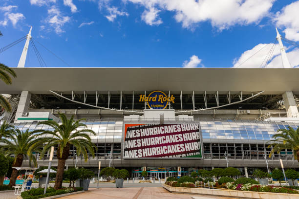 Hard Rock Stadium is the home for the NFL Miami Dolphins and the University of Miami Hurricanes football team. Miami Gardens, FL - October 2022: Hard Rock Stadium is the home for the NFL Miami Dolphins and the University of Miami Hurricanes football team. ncaa college conference team stock pictures, royalty-free photos & images