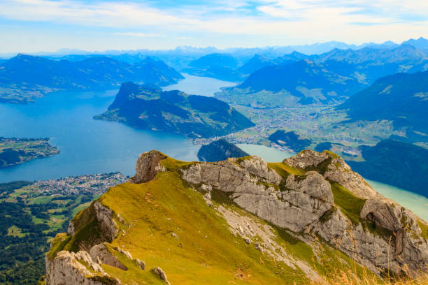 Beautiful panoramic view on Lake Lucerne from Mount Pilatus, Switzerland stock photo