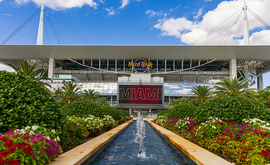 Miami Gardens, FL - October 2022: Hard Rock Stadium is the home for the NFL Miami Dolphins and the University of Miami Hurricanes football team.