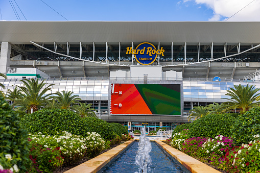 Miami Gardens, FL - October 2022: Hard Rock Stadium is the home for the NFL Miami Dolphins and the University of Miami Hurricanes football team.