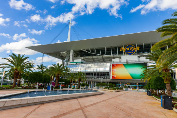 Hard Rock Stadium is the home for the NFL Miami Dolphins and the University of Miami Hurricanes football team. Miami Gardens, FL - October 2022: Hard Rock Stadium is the home for the NFL Miami Dolphins and the University of Miami Hurricanes football team. miami hurricanes stock pictures, royalty-free photos & images