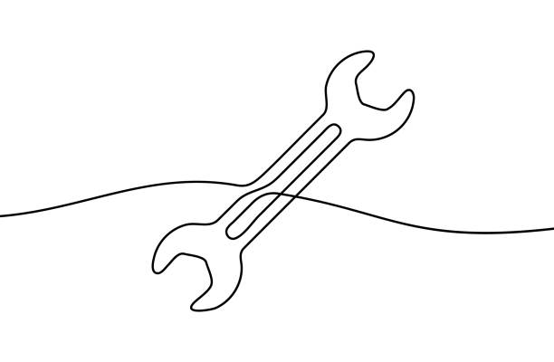 Continuous line drawing of wrench. Wrench linear icon. One line drawing background. Continuous line drawing of wrench. Wrench linear icon. One line drawing background. Vector illustration. Wrench continuous line icon. drawing of hand tool stock illustrations