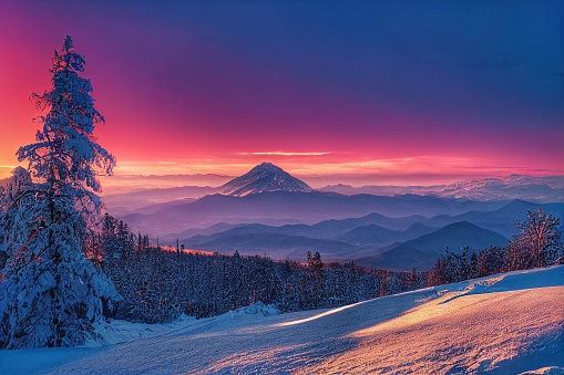 A landscape full of snow, during a sunset, with mountains in the background
