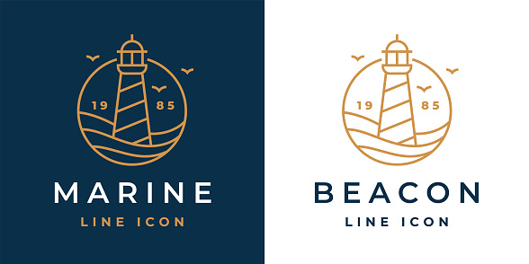 Lighthouse line icon. Light beacon nautical building emblem. Maritime harbor symbol. Coastal search light tower sign. Vector illustration.