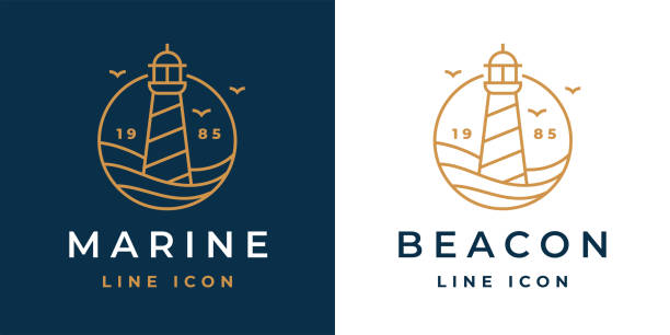 Marine light beacon line icon Lighthouse line icon. Light beacon nautical building emblem. Maritime harbor symbol. Coastal search light tower sign. Vector illustration. lighthouse stock illustrations