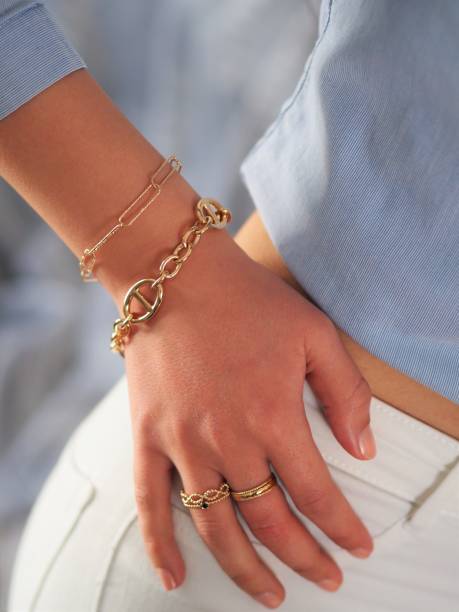 istock Gold bracelets accumulation on a woman wrist 1434780802