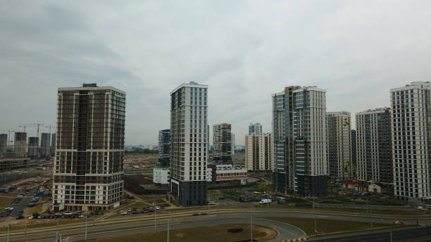 istock Modern urban architecture. Multi-storey buildings with infrastructure. Densely populated urban area. Overcast weather. Aerial photography. 1434780804
