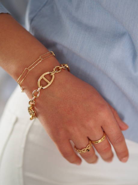 istock Gold bracelets accumulation on a woman wrist 1434780811