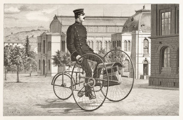 Postal worker delivering mail on Penny Farthing Bicycle in Stuttgart Germany 1888 Postal worker delivering mail on Penny Farthing Bicycle in Stuttgart Germany 1888
Original edition from my own archives
Source : Buch für Alle - 1888
after J.G. Fuellhaas penny farthing bicycle stock illustrations