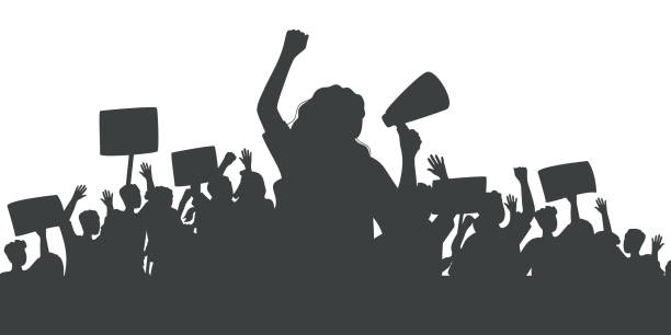 ilustrações de stock, clip art, desenhos animados e ícones de silhouette of protesting crowd of people with raised hands and banners. woman with loudspeaker - riot