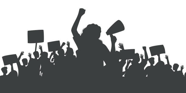 Silhouette of protesting crowd of people with raised hands and banners. Woman with loudspeaker Silhouette of protesting crowd of people with raised hands and banners. Woman with loudspeaker. Peaceful protest for human rights. Demonstration, rally, strike, revolution.Isolated vector illustration protestor stock illustrations