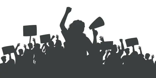 Vector illustration of Silhouette of protesting crowd of people with raised hands and banners. Woman with loudspeaker