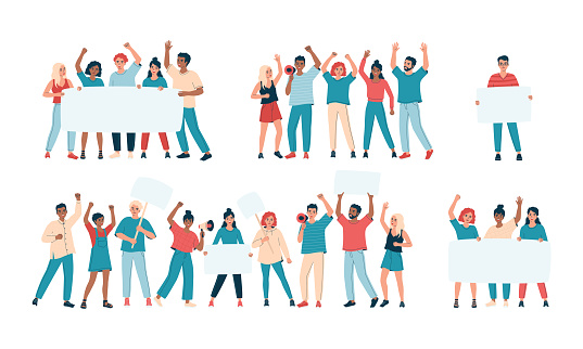 Set of groups of protesting people. Demonstrations with posters, banners. Angry men and women on picket or strike for their rights. Activists, peaceful protest, manifestation. Flat vector illustration