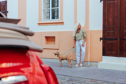 A blonde Caucasian woman is standing on a vintage street, leaning against the wall, with her dog next to her.