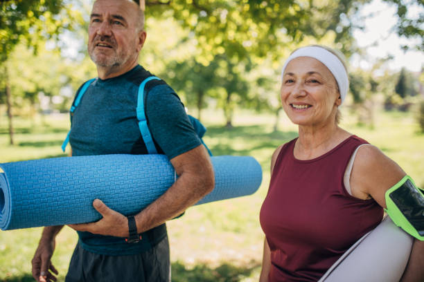 istock Mature couple going to exercise yoga 1434790629