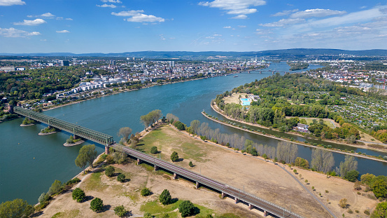 Confluence of rivers Main and Rhine, Germany - aerial panoramic view