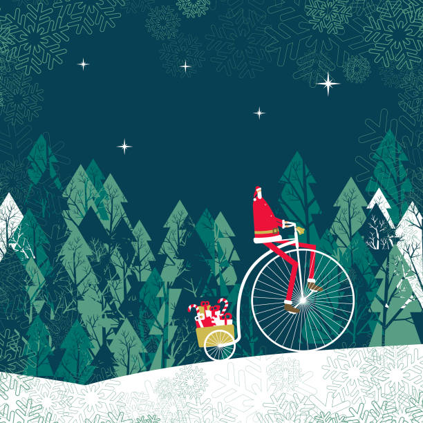 Christmas greeting card forest cycling Santa presents vector art illustration