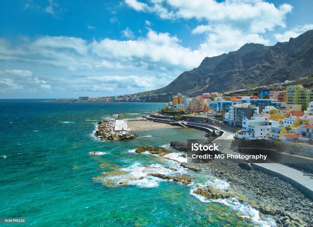 Aerial view of a  town called Bajamar, Tenerife Aerial view of a  town called Bajamar, Tenerife with a beautiful turquoise and clear sea . Aerial View Stock Photo