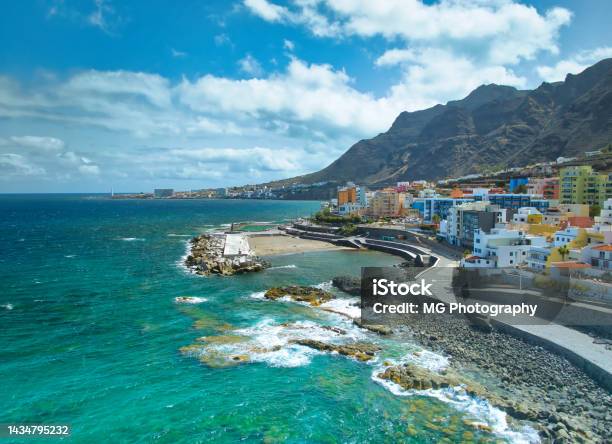 Aerial View Of A Town Called Bajamar Tenerife Stock Photo - Download Image Now - Aerial View, Architecture, Bay of Water