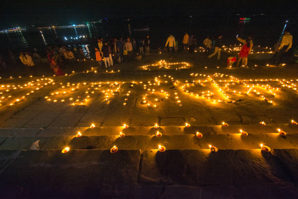 dev diwali celebration at varanasi india varanasi uttar pradesh india on november 14th 2016:On the occasion of Dev Diwali, Ganga Ghat in Varanasi is beautifully decorated with clay lamps. Dev Diwali stock pictures, royalty-free photos & images