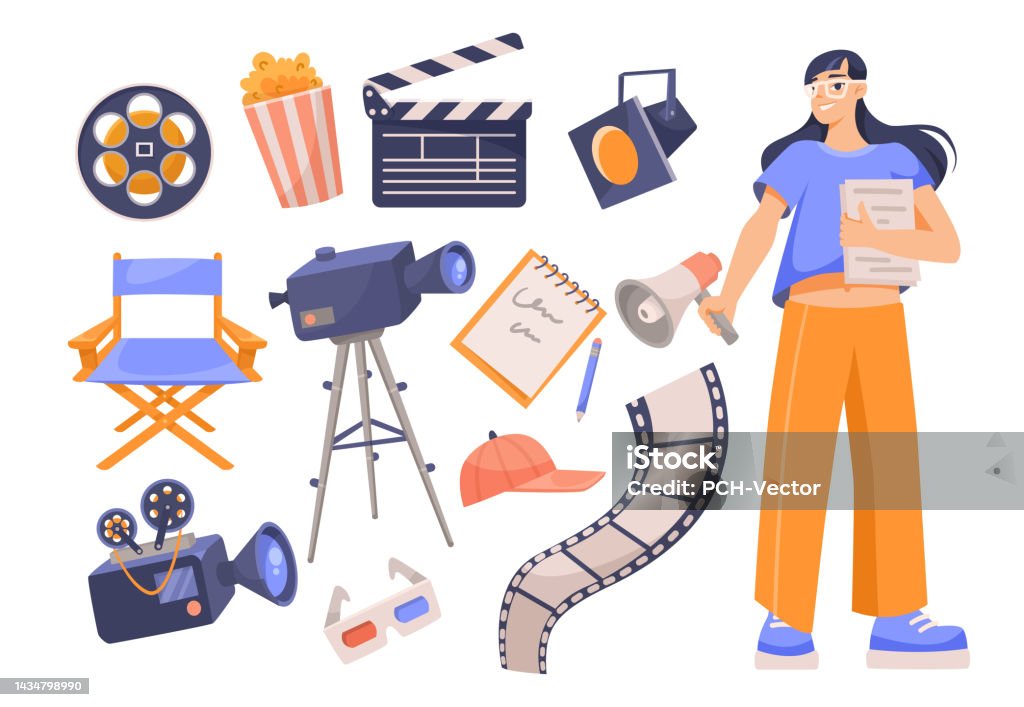 Filmmacker Female Filmmaker And Cinema Elements Vector Illustrations Set Stock ...
