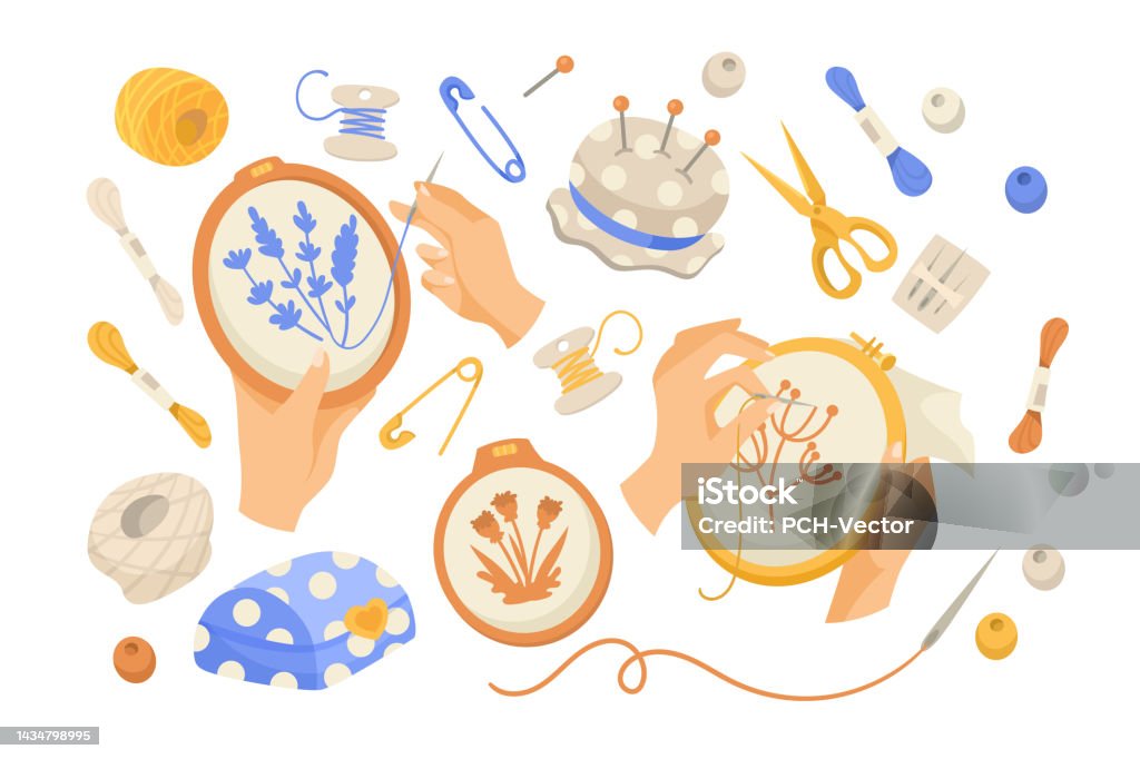 Needle Work Needlework Tools And Elements Vector Illustrations Set Stock ...