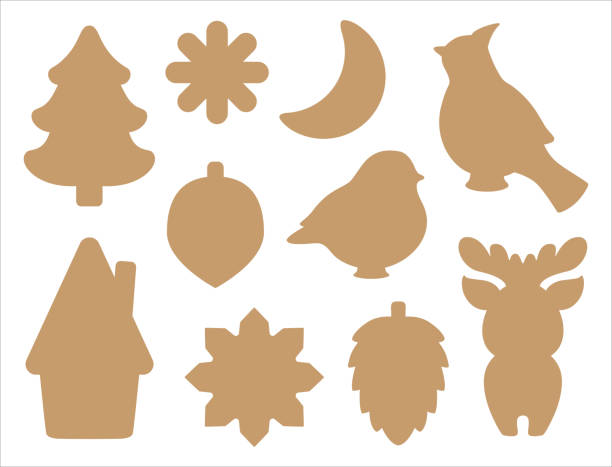 Christmas nature decal cut file pattern. Silhouette shapes of cardinal bird, bullfinch, fir cone, deer, moon. Winter holiday items isolated contours. Vector templates for cookies, paper craft, tags. silhouette of christmas cookie border stock illustrations