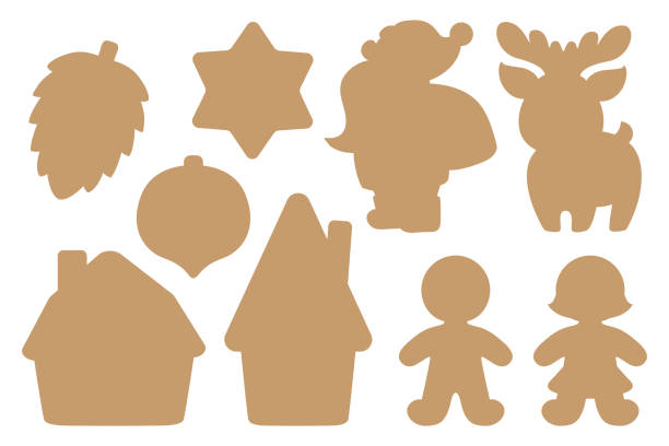 Christmas fun decal cut file pattern. Silhouette shapes of Santa Claus, deer, gingerbread man, cute houses. Winter holiday items isolated contours for window decoration, cookies, paper craft, tags. silhouette of christmas cookie border stock illustrations