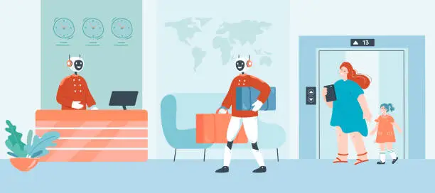 Vector illustration of Robot as hotel staff helping family with baggage
