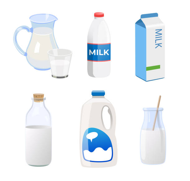 illustrazioni stock, clip art, cartoni animati e icone di tendenza di set di illustrazioni vettoriali di latte in contenitori diversi - milk milk bottle bottle glass