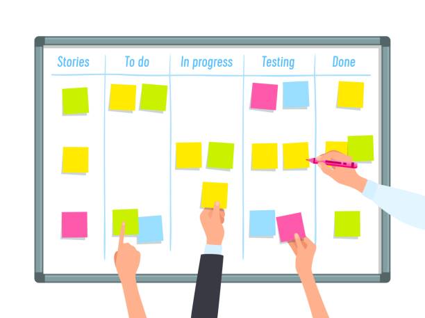 Scrum task board with hands, project management Scrum task board with hands. Business person arms holding a sticky notes and markers, planning tasks and deals. Agile assignment, teamwork, software development, employees project management visual team stock illustrations