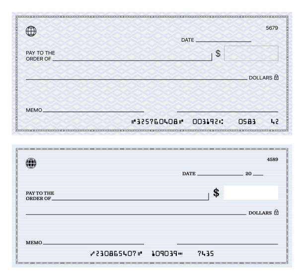 Blank bank check, checkbook pay cheque template Blank bank check, checkbook cheque template or payment voucher, vector mockup. Bank pay check or money bill for dollar cash payout, paycheck certificate template with with guilloche pattern check financial item stock illustrations
