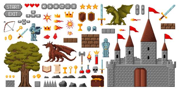 illustrazioni stock, clip art, cartoni animati e icone di tendenza di risorsa di gioco pixel a 8 bit, cavalieri medievali, castello - medal star shape war award