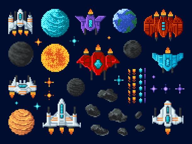 arcade shooter 8 bit pixel art gra space invaders - laser gun shooting space laser stock illustrations