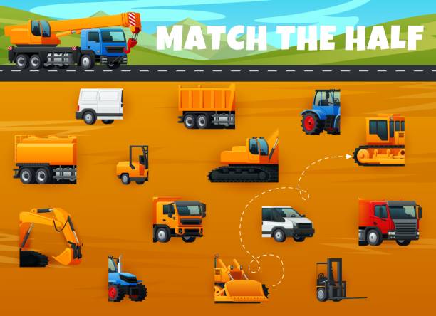 ilustrações de stock, clip art, desenhos animados e ícones de match half of construction machines and transport - half tank