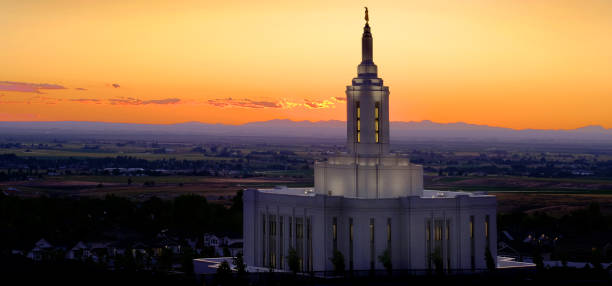 istock Pocatello Idaho LDS Mormon Temple with Lights at Sunset 1434805583